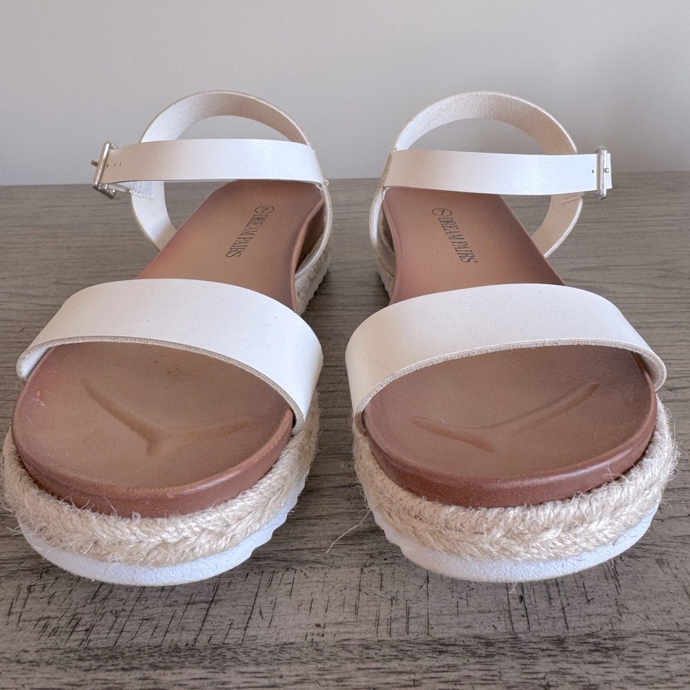 White Leather Platform Espadrille Sandals EUC Tan Ankle Strap Wedge Strappy - Picture 4 of 10